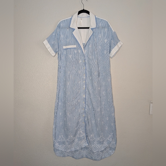 Anthropologie Blue Embroidered Coquette Cezzane Striped Eyelet Dress Nightgown M - Picture 8 of 8